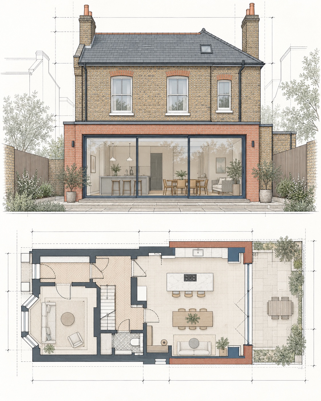Architectural planning illustration showing a rear elevation and proposed ground floor extension plan